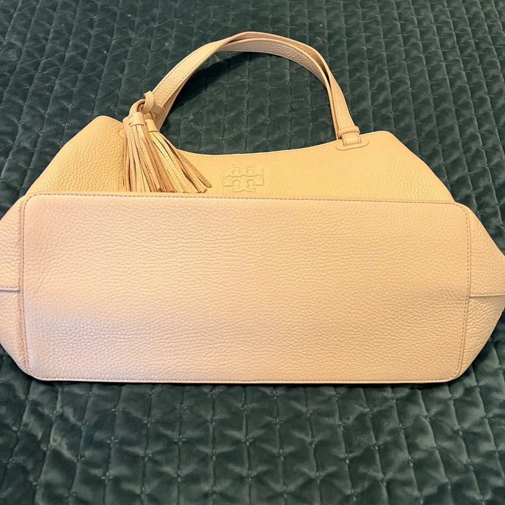 Tory Burch Pale Pink Pebbled Leather Shoulder Tote with Tassel